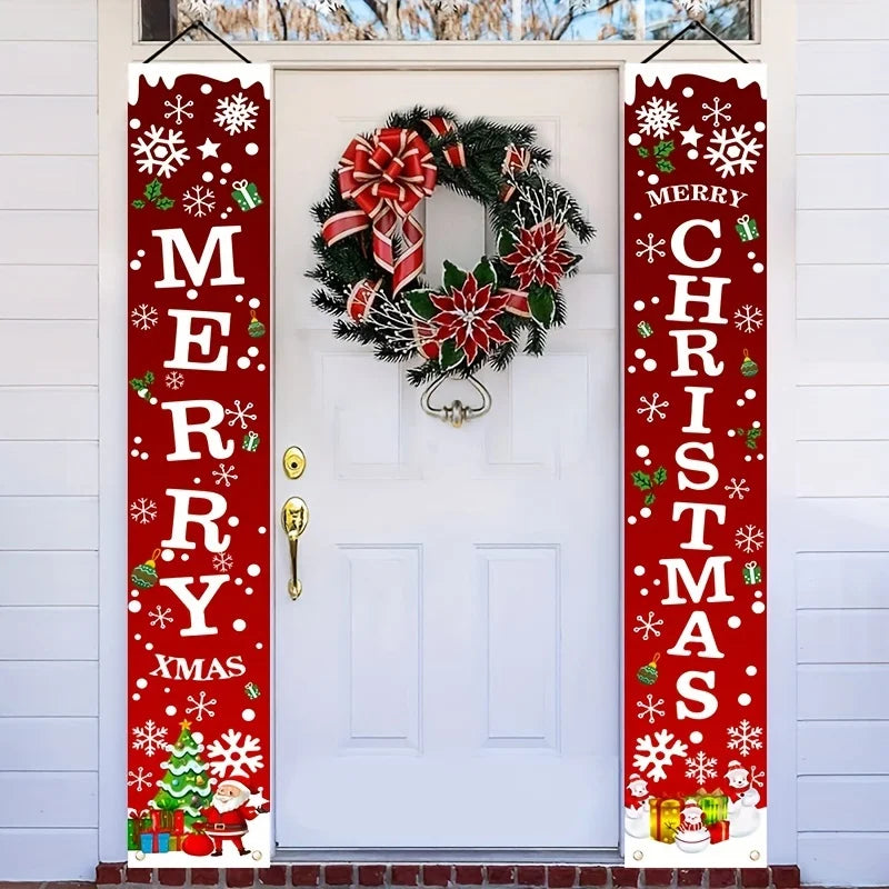 A festive Christmas banner set featuring red and white designs with snowflakes and greenery decorating a white door.