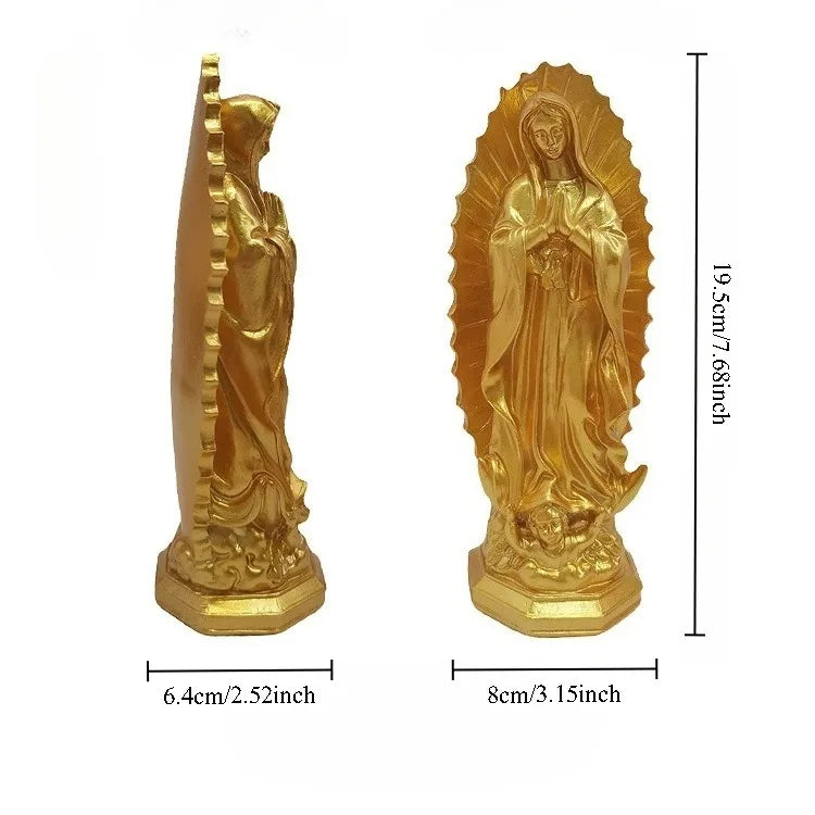 Gold resin statue of Our Lady of Guadalupe with a radiant halo and floral base