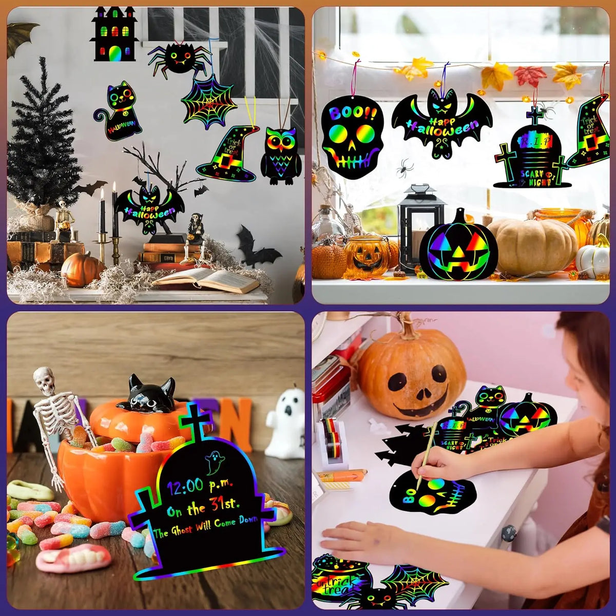 A set of Halloween rainbow scratch art cards for kids featuring spooky designs and pumpkins.