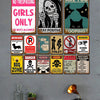 A collection of vintage humorous tin signs featuring warnings and jokes for a man cave or bar setting.
