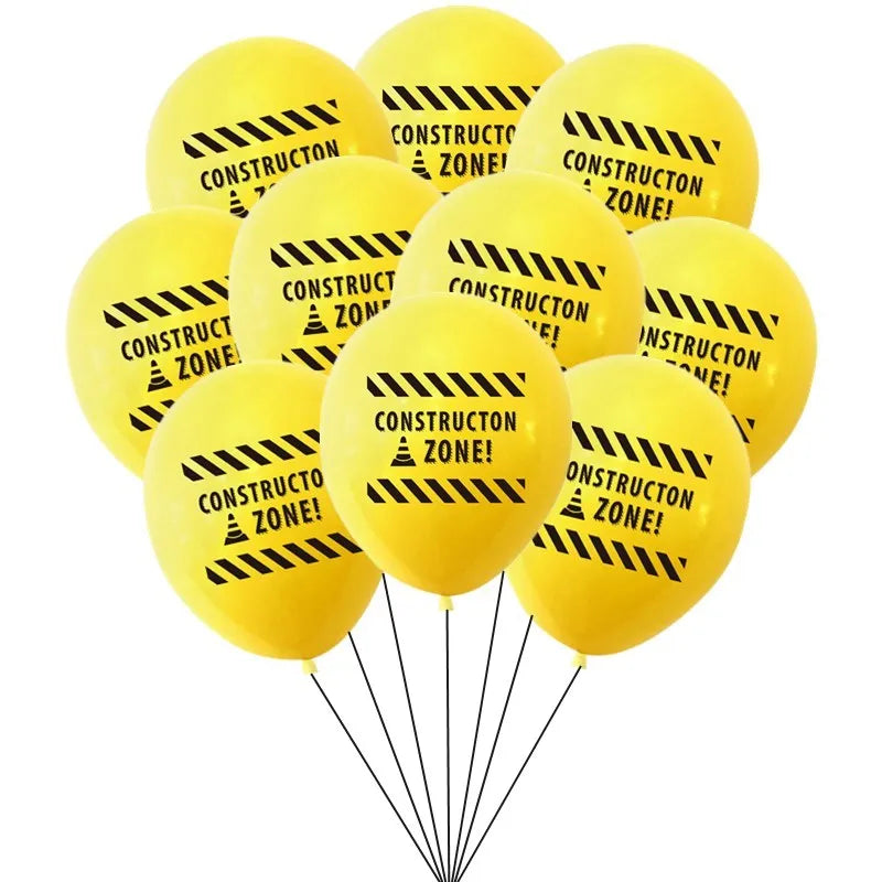 A bunch of yellow latex balloons with black text reading CONSTRUCT ZONE