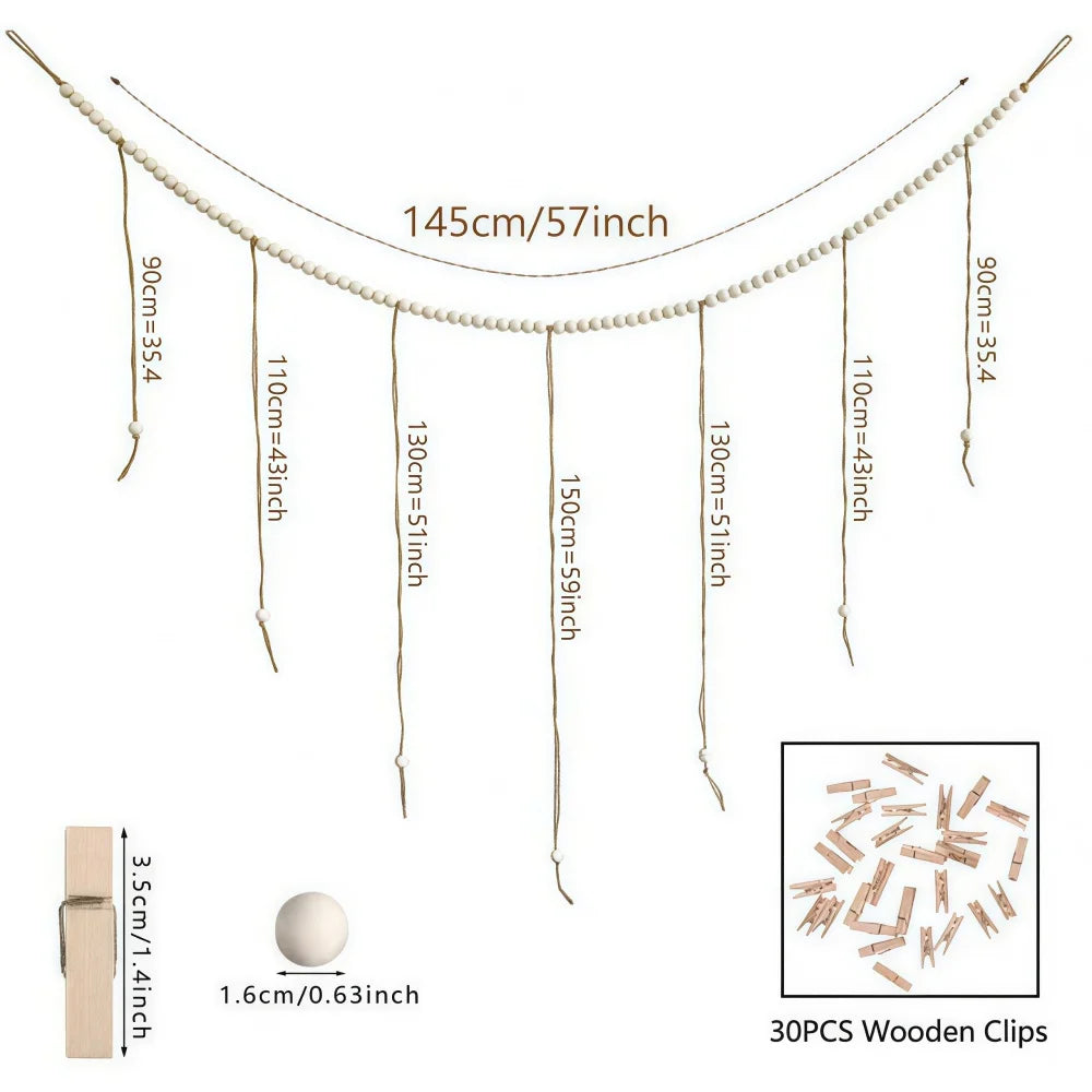 A beaded photo display garland featuring various length threads and wooden clips for hanging.