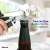 A hand is using a two-in-one built-in bottle opener tool to open a dark glass bottle.