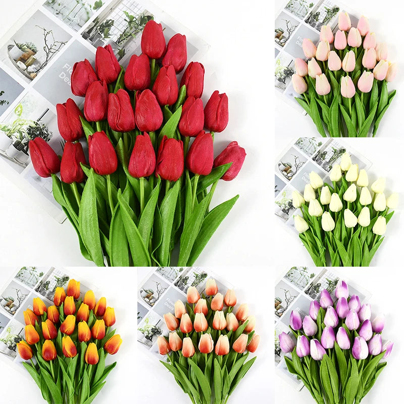 A collection of artificial tulip bouquets in various colors including red, pink, and white, presented in green foliage.