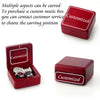 A red music box with a lid showing customized carving options and an open version for customization.