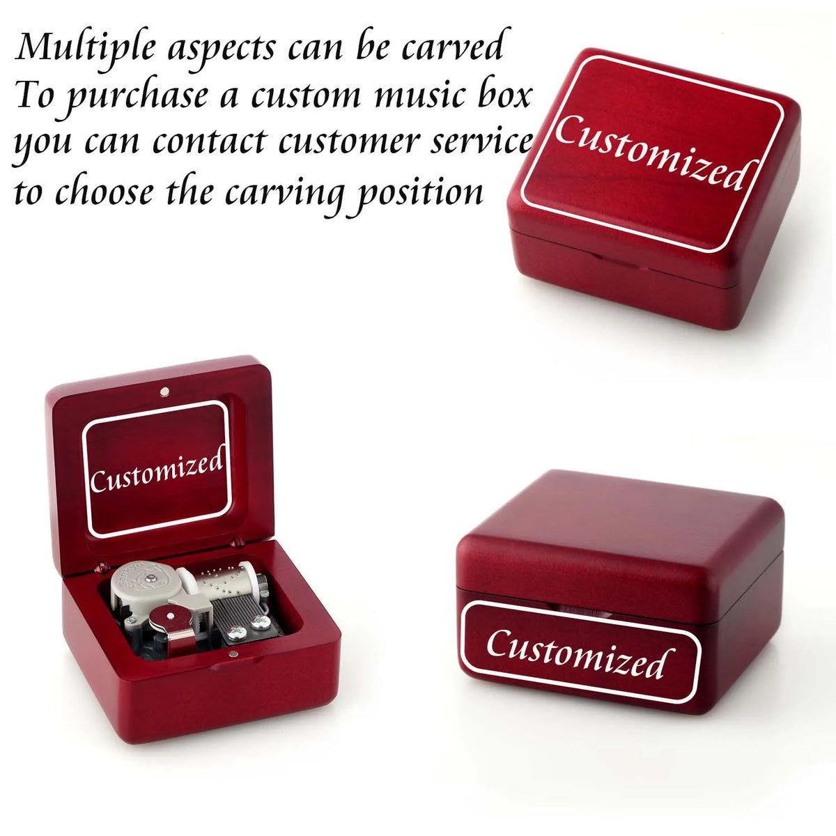 A red music box with a lid showing customized carving options and an open version for customization.