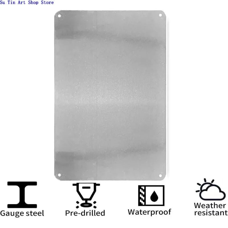 A rectangular sheet of gauge steel metal wall plaque labeled as waterproof and weather resistant.