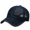 Dark blue breathable mesh baseball cap shown from above