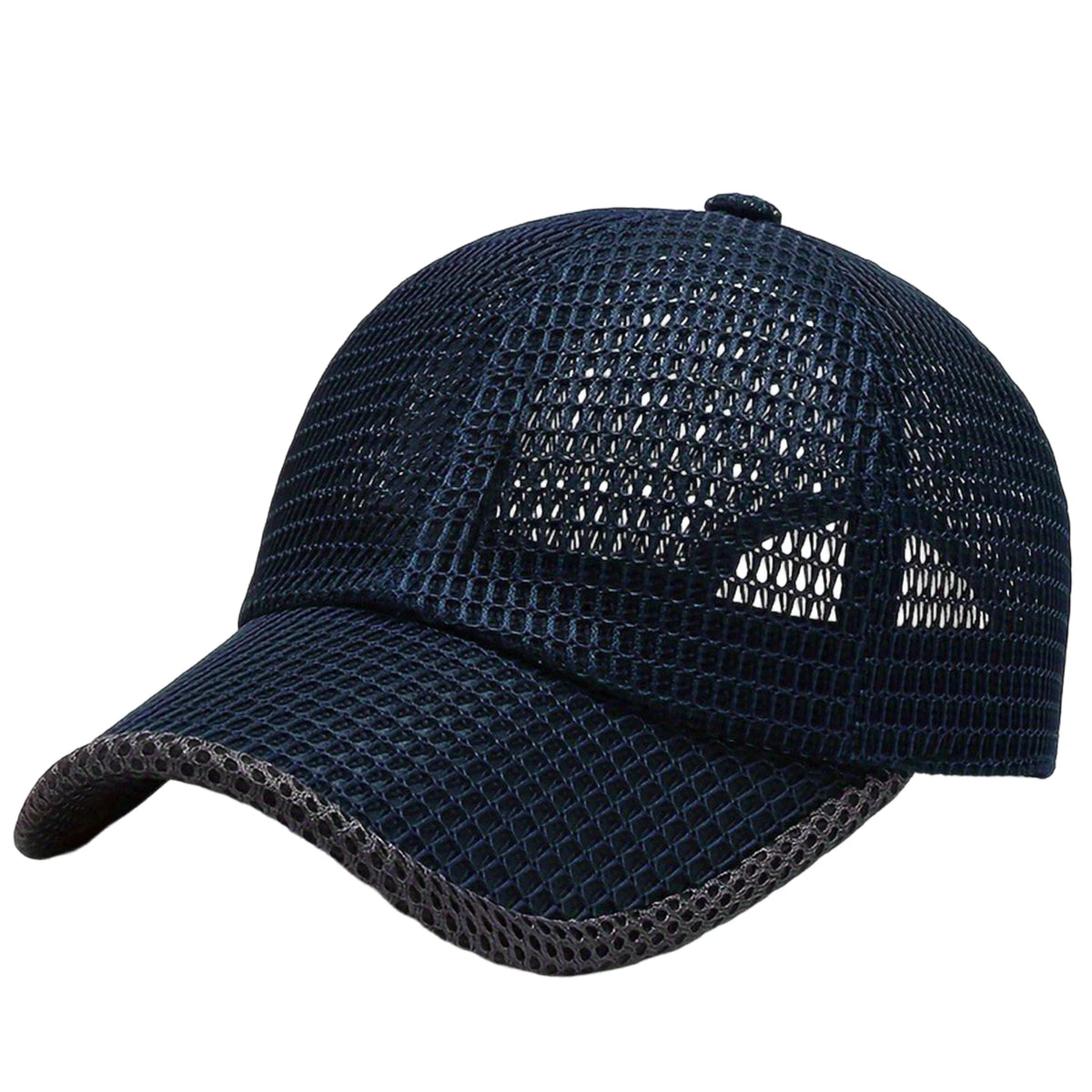 Dark blue breathable mesh baseball cap shown from above