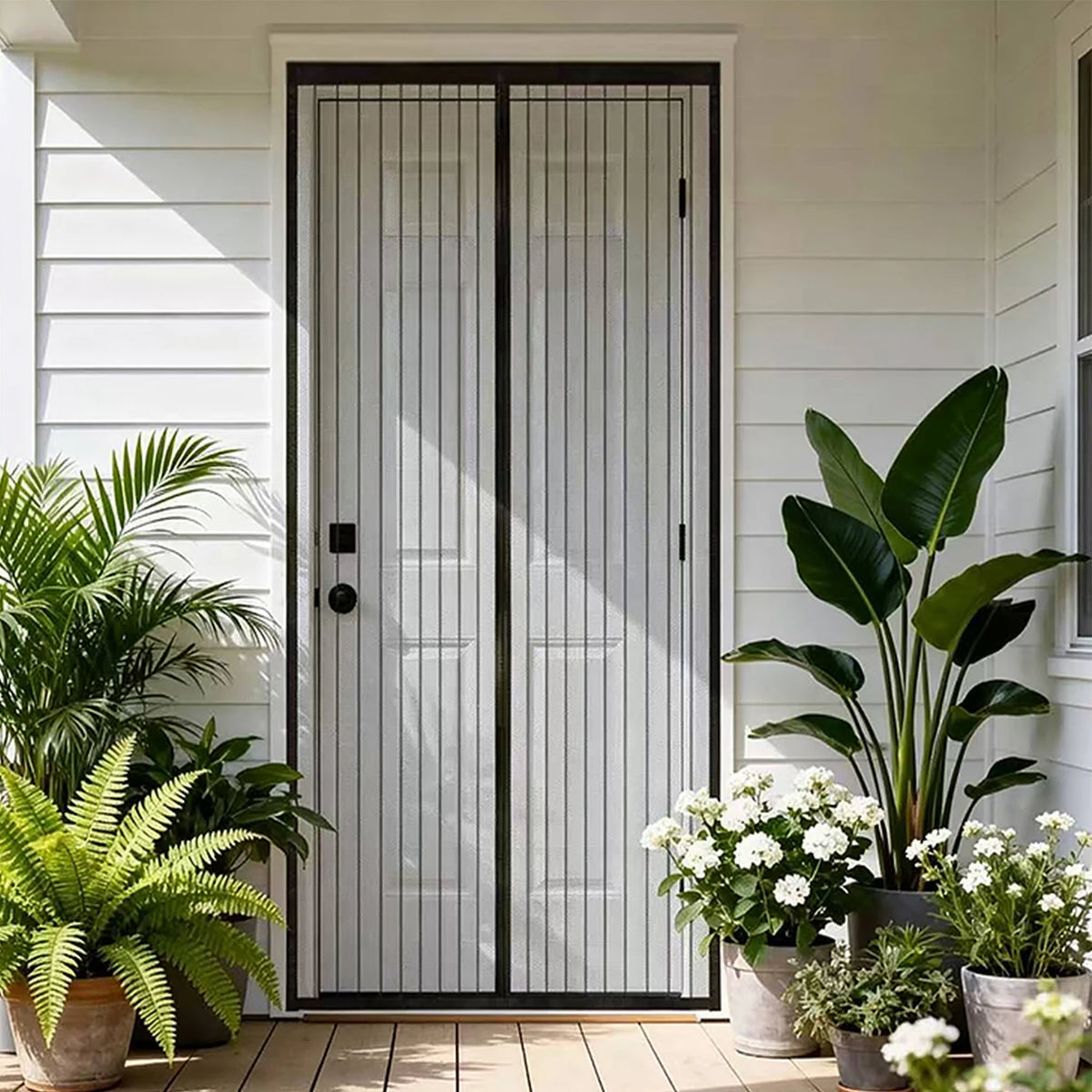A modern black magnetic automatic screen door curtain installed in a white siding exterior with green plants.