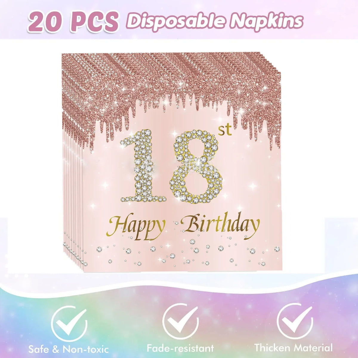 20 pieces of rose gold diamond confetti napkins with an 18th birthday message