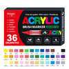 Box of 36 color acrylic brush markers featuring various colors like yellow, red, green, and blue.