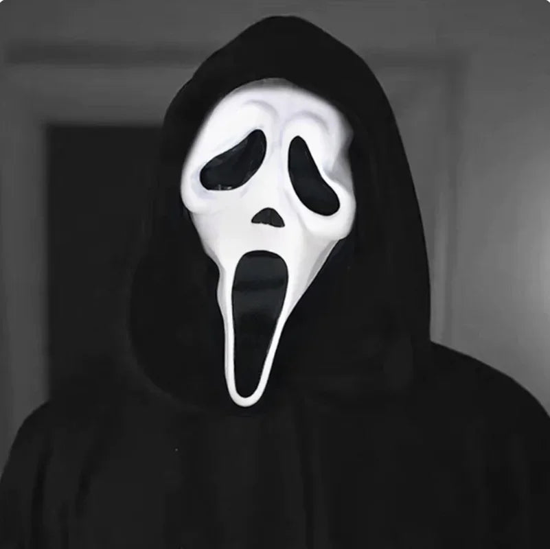 A realistic ghost face mask with a white, screaming expression is shown against a dark background.