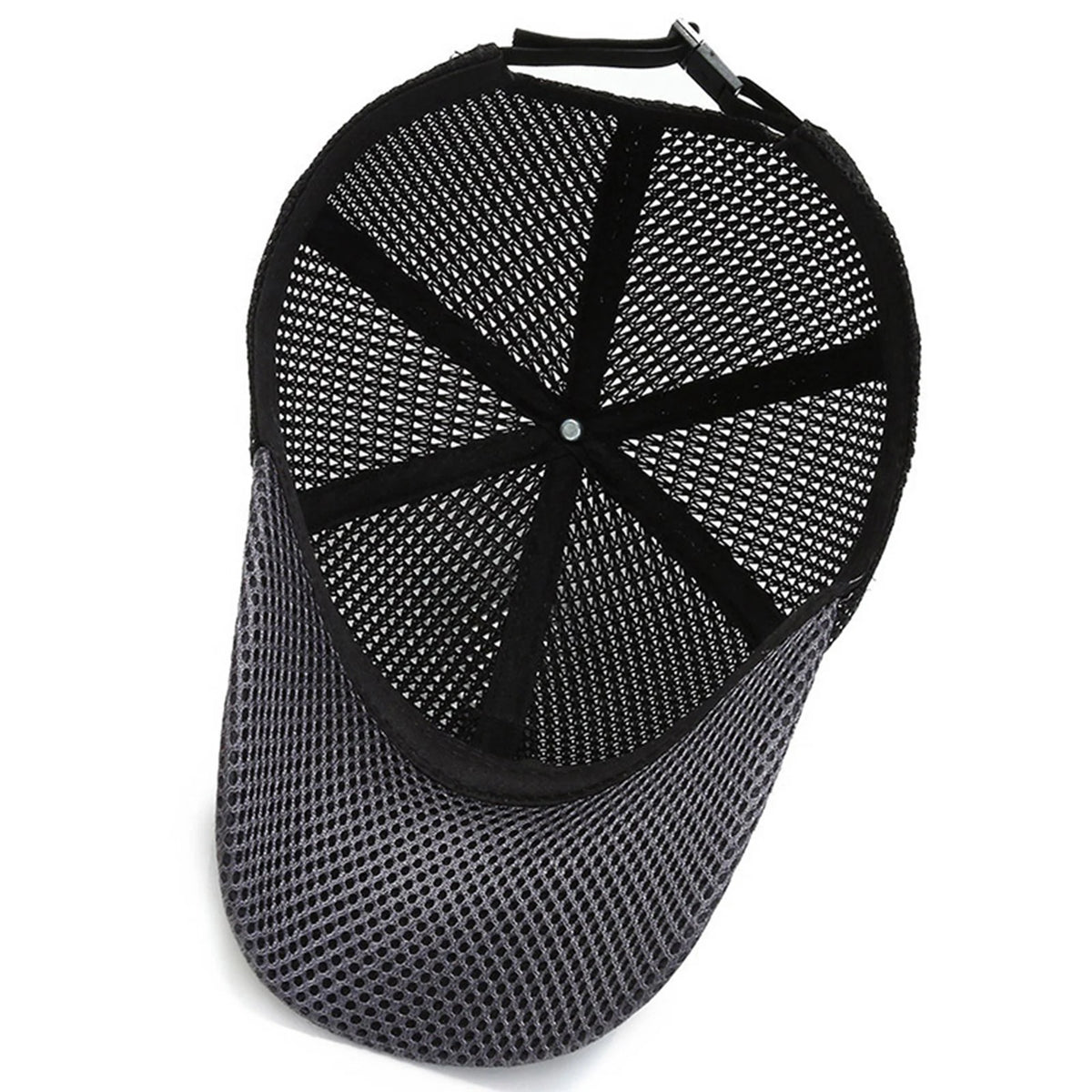 Black breathable mesh baseball cap with a perforated pattern
