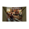 A tapestry featuring a cartoon bear character in a red jacket walking on a street with trees and buildings.