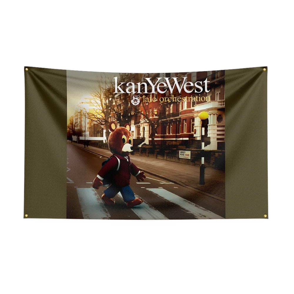 A tapestry featuring a cartoon bear character in a red jacket walking on a street with trees and buildings.