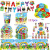 A colorful set of birthday party supplies including face masks, character figures, and themed decorations for a children's pa