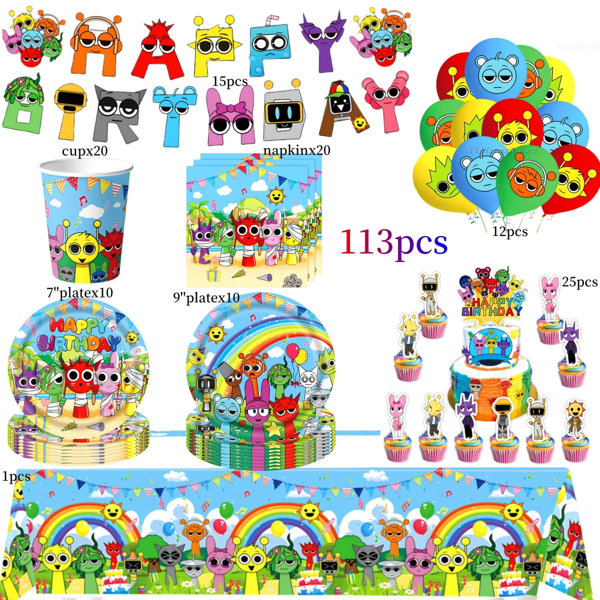 A colorful set of birthday party supplies including face masks, character figures, and themed decorations for a children's pa