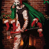 A stylized illustration of the Terrifier character standing in front of a brick wall with firelight.