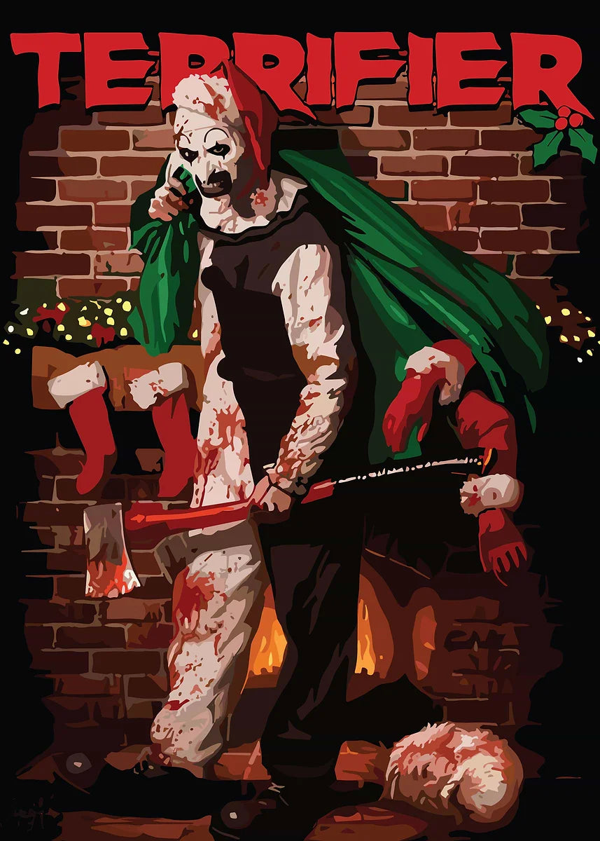 A stylized illustration of the Terrifier character standing in front of a brick wall with firelight.