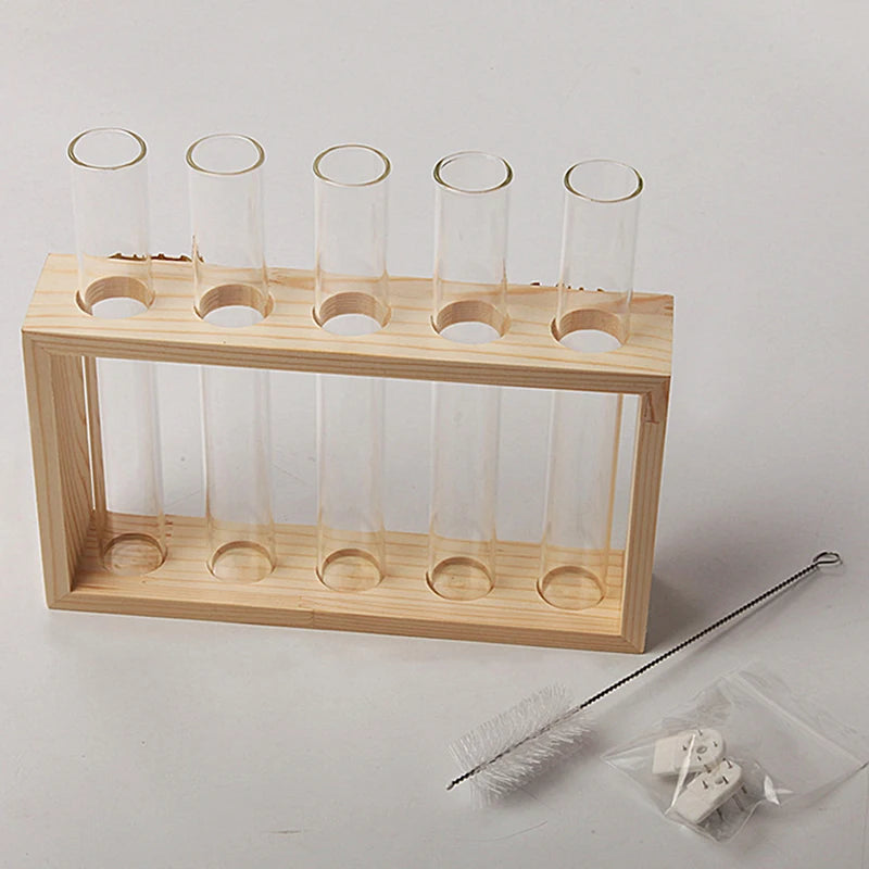 A wooden planter rack holds several clear glass test tube vases for hydroponic growing.