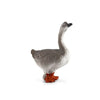 A realistic figurine of a goose with gray feathers and orange legs.