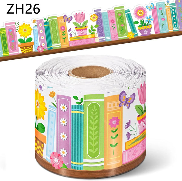 Roll of decorative sticker border featuring colorful books, flowers, and butterflies for a bookshelf