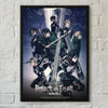 A poster featuring characters from Attack on Titan in a dark, dramatic style.
