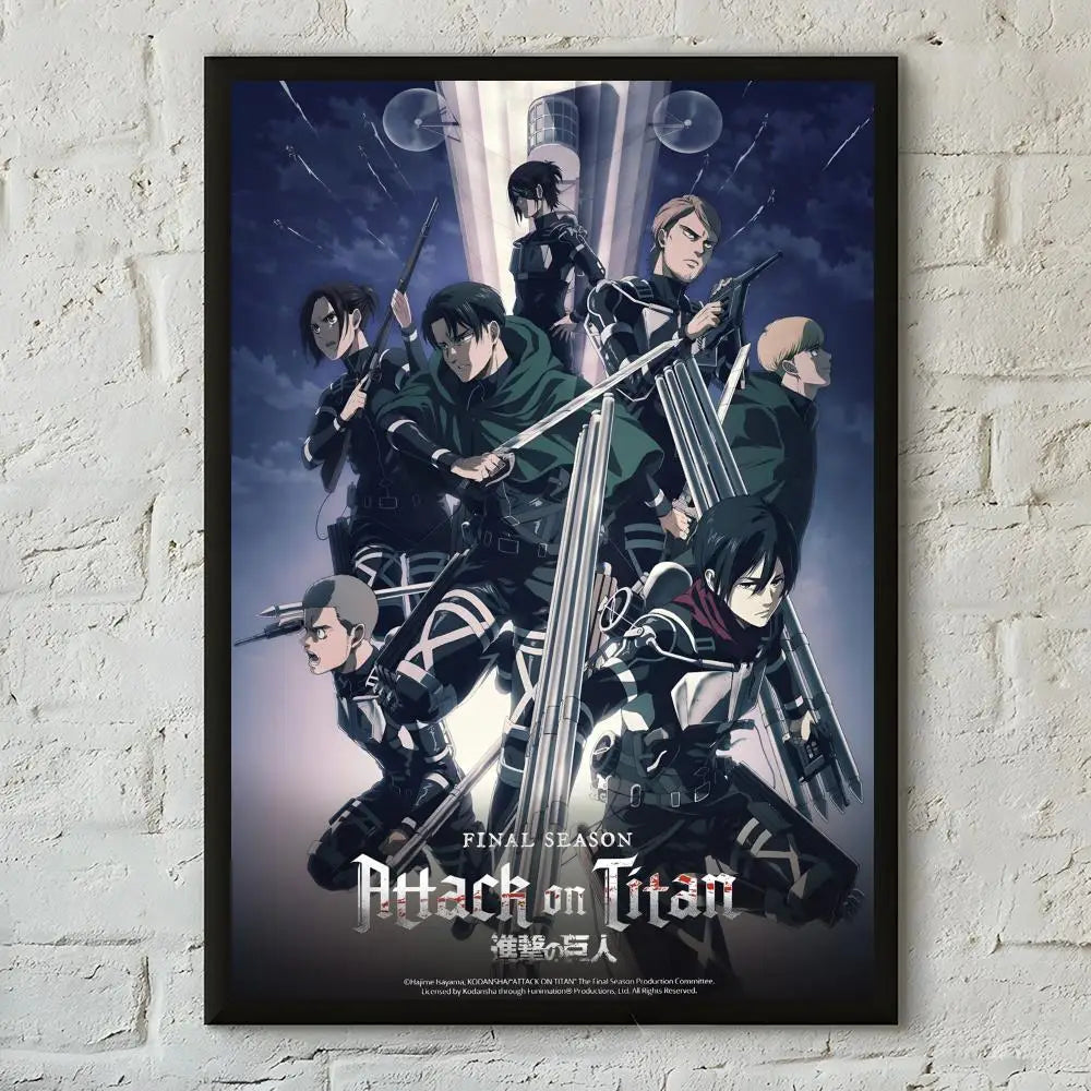 A poster featuring characters from Attack on Titan in a dark, dramatic style.
