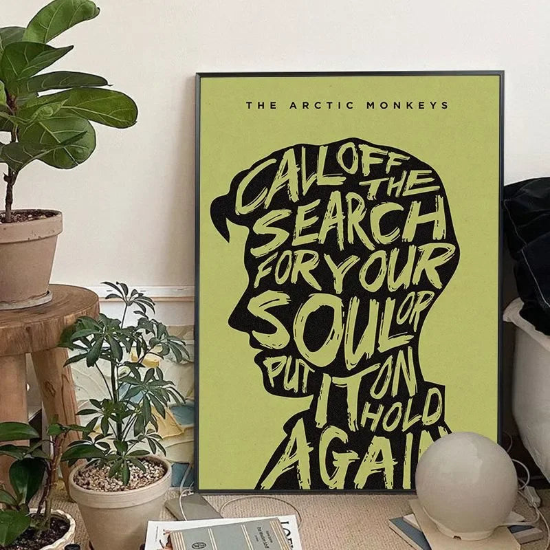 A canvas art print featuring a black silhouette of a head with the text CALL OFF THE SEARCH FOR YOUR SOUL PUT IT ON HOLD AGAI