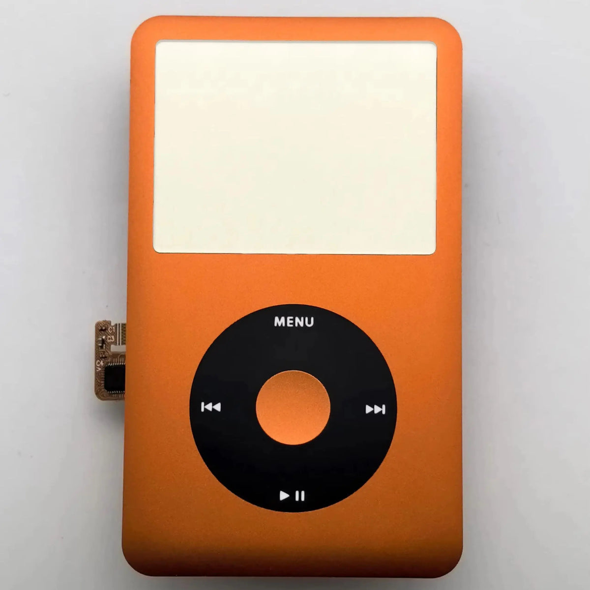 An orange iPod Classic front faceplate with a black menu clickwheel visible.
