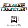 A banner decoration kit featuring 15 photos of monster trucks for a birthday party backdrop