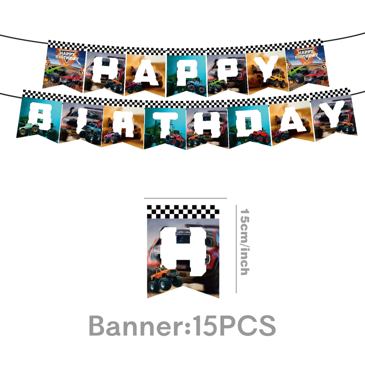 A banner decoration kit featuring 15 photos of monster trucks for a birthday party backdrop