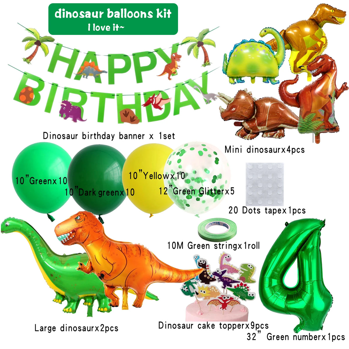 Dinosaur balloons kit featuring a banner, foil balloons in various colors, and dinosaur cake toppers.