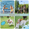 A multi-use product featuring a person playing with a flying disc and several dogs interacting outdoors.