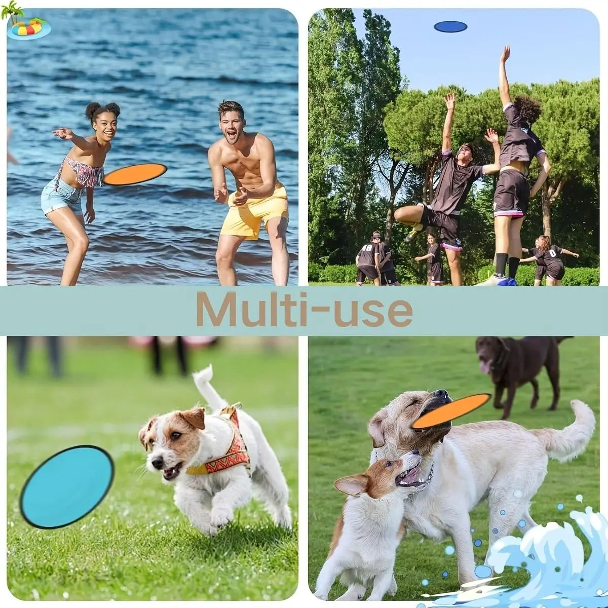 A multi-use product featuring a person playing with a flying disc and several dogs interacting outdoors.