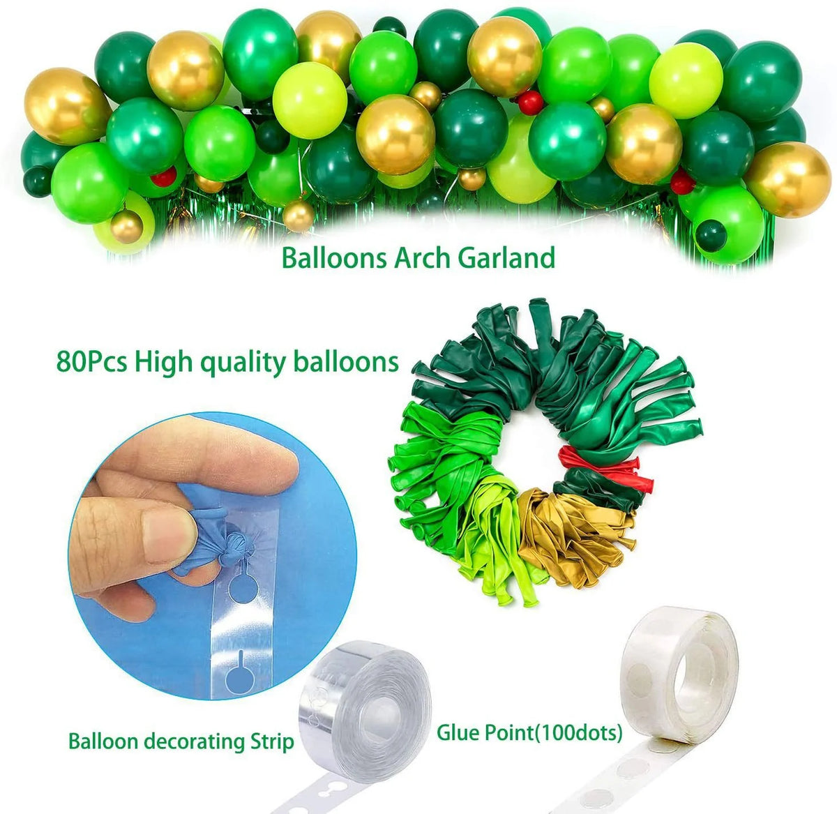 A balloon arch garland made of green and gold foil balloons and tinsel curtain with a hand demonstrating the balloon decorati