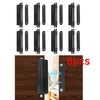 A set of eight heavy duty black metal cabinet door magnetic closers is shown with an installation example.