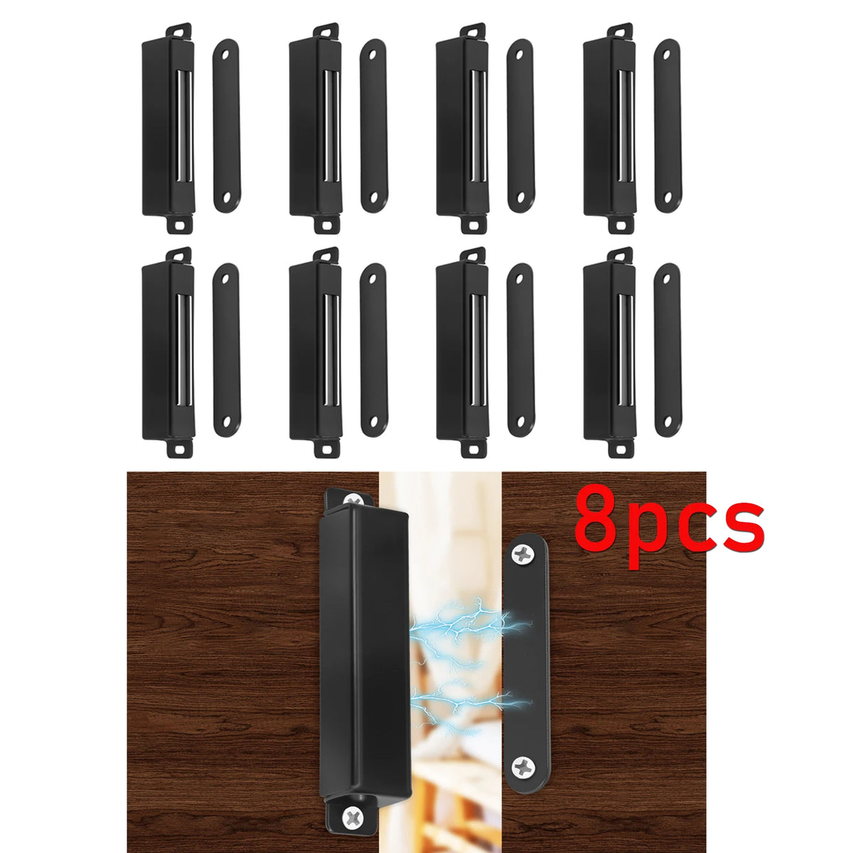 A set of eight heavy duty black metal cabinet door magnetic closers is shown with an installation example.