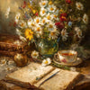 A still life painting featuring a glass vase of white and yellow flowers next to an open book and a golden vessel.