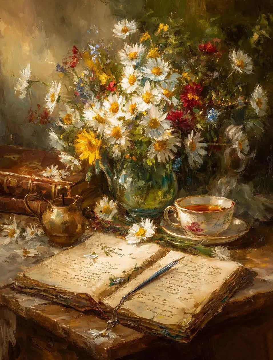 A still life painting featuring a glass vase of white and yellow flowers next to an open book and a golden vessel.