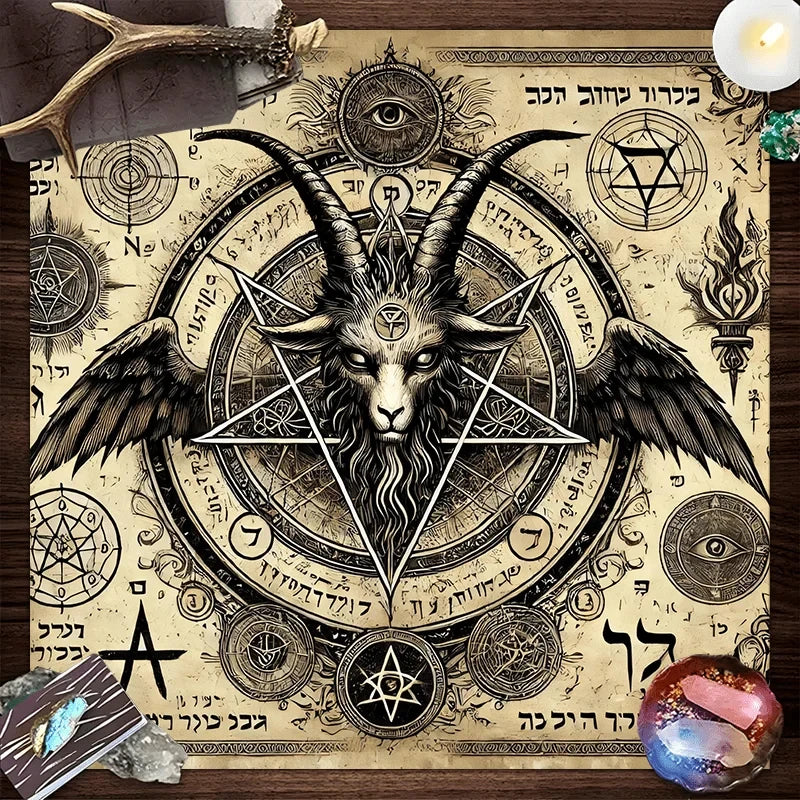 A dark occult pentagram design featuring a ram's head and Hebrew runes on a parchment background.