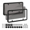 A universal license plate frame with mounting screws and various hardware components for cars and trucks.