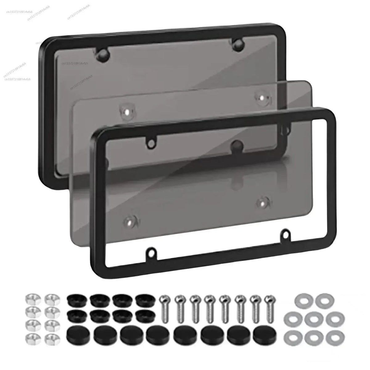 A universal license plate frame with mounting screws and various hardware components for cars and trucks.