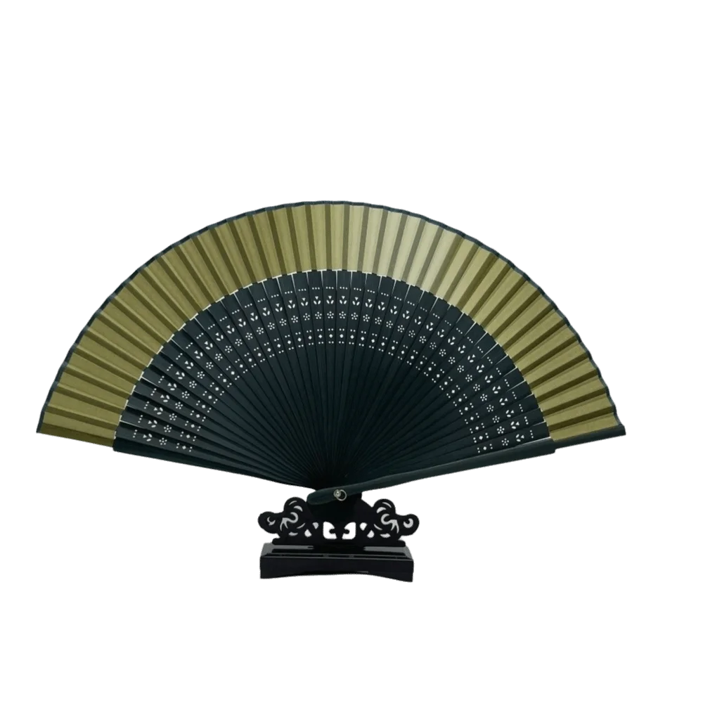 An elegant bamboo folding fan with a classic design, shown open and angled.