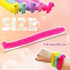 A set of colorful, textured stretch sensory fidget toys in various shades of pink and purple are shown alongside a hand for s