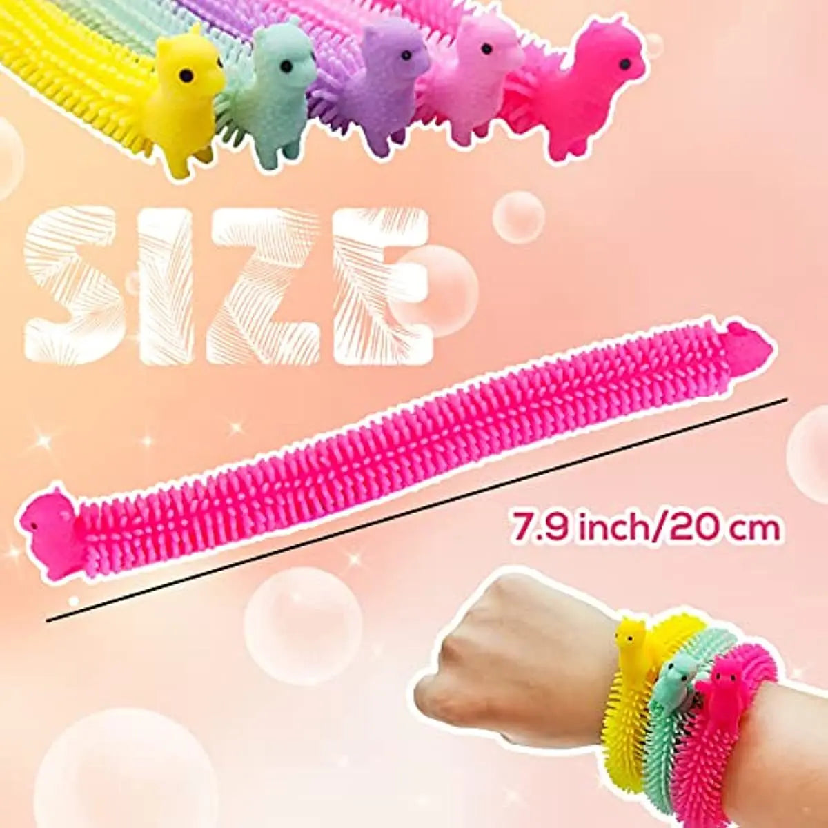 A set of colorful, textured stretch sensory fidget toys in various shades of pink and purple are shown alongside a hand for s
