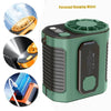 Ventilateur de ceinture portable noir et vert avec lame orange, montré sous plusieurs angles.