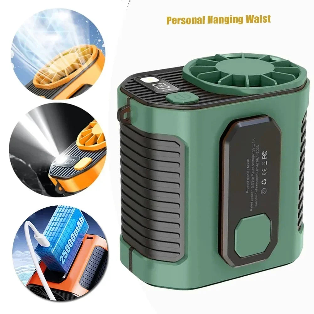 Ventilateur de ceinture portable noir et vert avec lame orange, montré sous plusieurs angles.