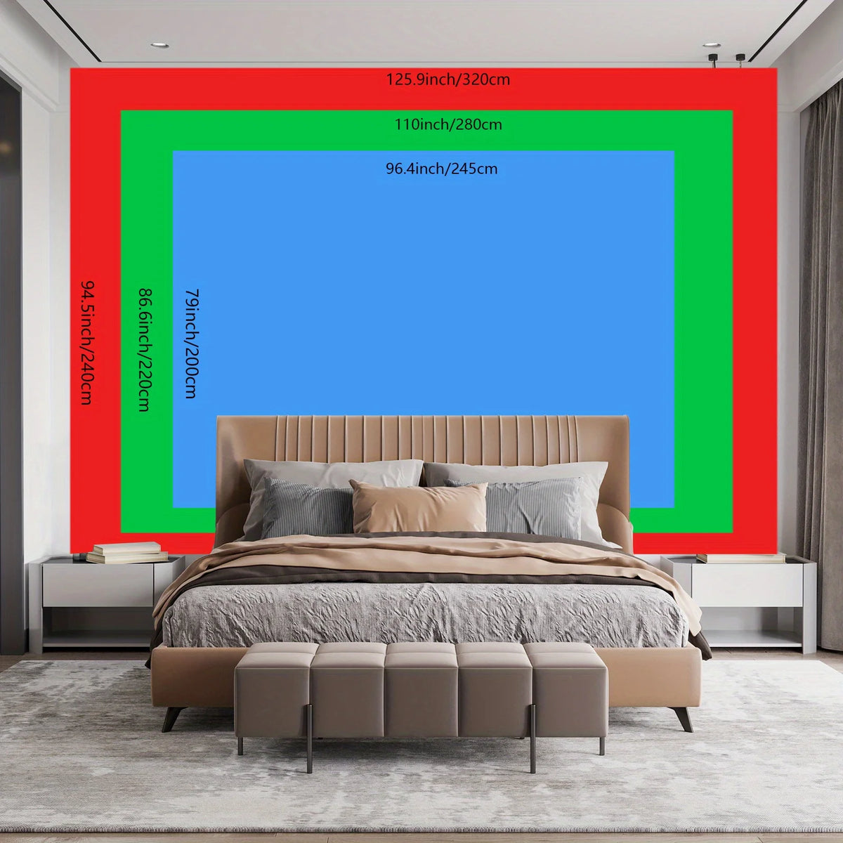 Schlafzimmer mit Bett, beigen Laken und Kopfteil, umgeben von farbenfrohen geometrischen Rahmen.